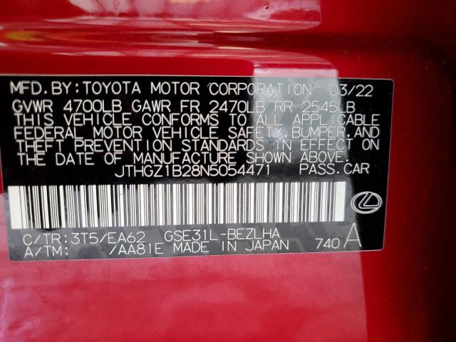 JTHGZ1B28N5054471 - 2022 LEXUS IS 350 F-S RED photo 10