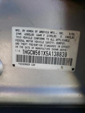 1HGCM561X5A138839 - 2005 HONDA ACCORD DX SILVER photo 10