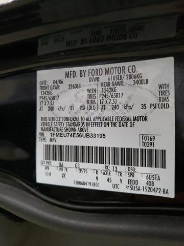 1FMEU74E56UB33195 - 2006 FORD EXPLORER E BLACK photo 10