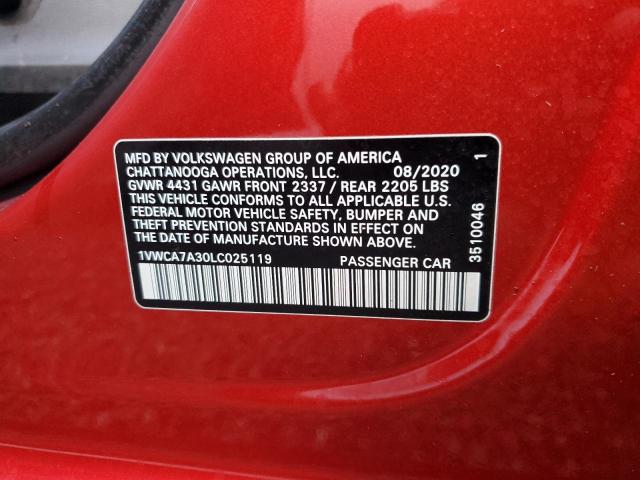 1VWCA7A30LC025119 - 2020 VOLKSWAGEN PASSAT SEL RED photo 10