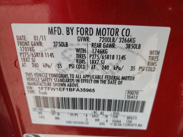 1FTFW1EF1BFA35965 - 2011 FORD F150 SUPER BURGUNDY photo 10