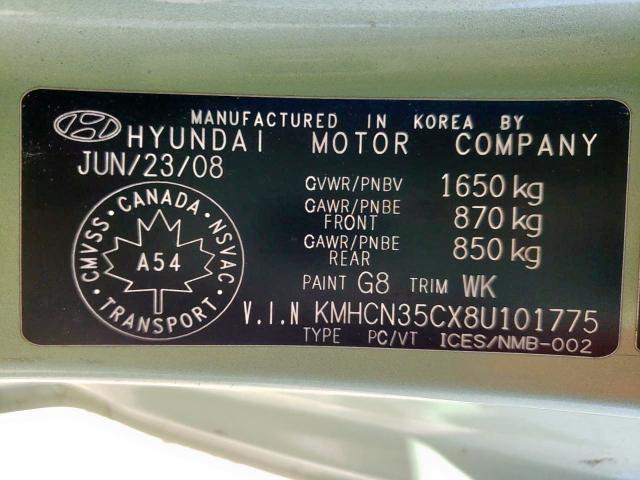 KMHCN35CX8U101775 - 2008 HYUNDAI ACCENT BAS GREEN photo 10