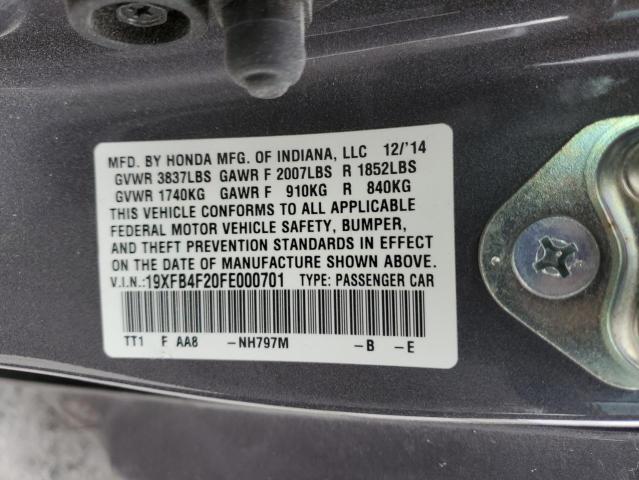 19XFB4F20FE000701 - 2015 HONDA CIVIC HYBR GRAY photo 10