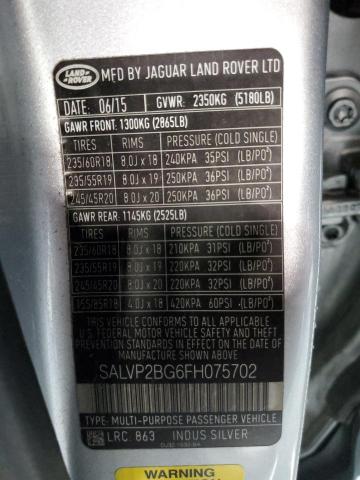 SALVP2BG6FH075702 - 2015 LAND ROVER RANGE ROVE SILVER photo 10