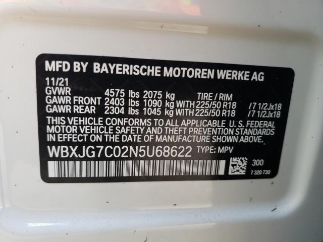 WBXJG7C02N5U68622 - 2022 BMW X1 SDRIVE2 WHITE photo 10