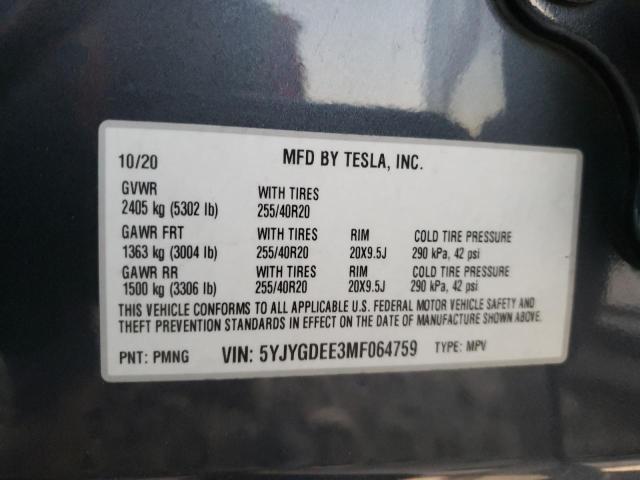 5YJYGDEE3MF064759 - 2021 TESLA MODEL Y فحمي صورة 10