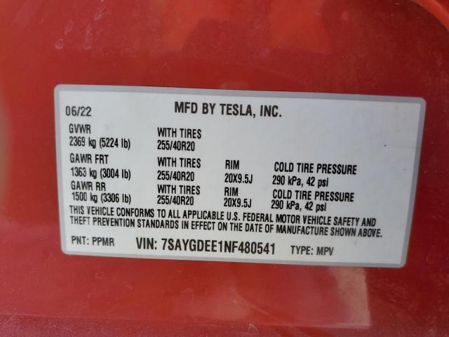 7SAYGDEE1NF480541 - 2022 TESLA MODEL Y Красный фото 10