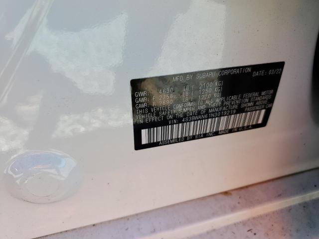 4S3BWAN61N3019219 - 2022 SUBARU LEGACY LIM WHITE photo 10