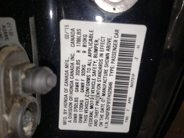 2HGFB2F91FH529646 - 2015 HONDA CIVIC EXL Qara foto 10