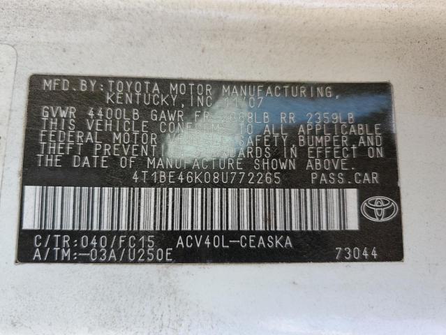 4T1BE46K08U772265 - 2008 TOYOTA CAMRY CE WHITE photo 10