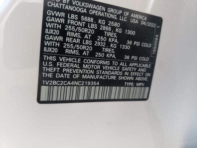 1V2BC2CA4NC219354 - 2022 VOLKSWAGEN ATLAS CROS Белый фото 10
