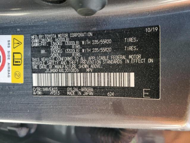 JTJHGKFAXL2010826 - 2020 LEXUS RX 450H L GRAY photo 10