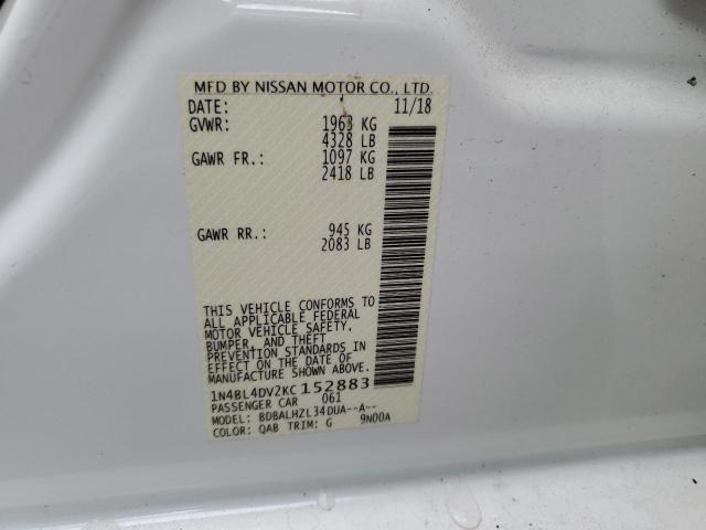 1N4BL4DV2KC152883 - 2019 NISSAN ALTIMA SV WHITE photo 10