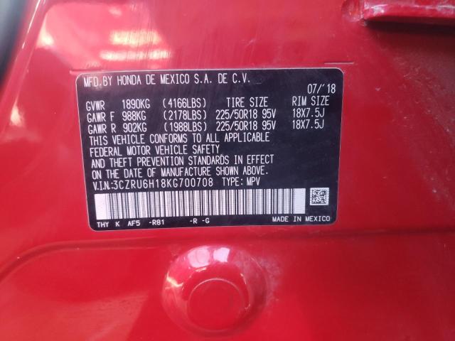 3CZRU6H18KG700708 - 2019 HONDA HR-V SPORT RED photo 10