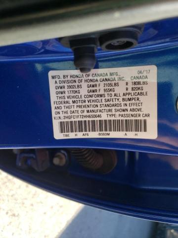 2HGFC1F72HH650646 - 2017 HONDA CIVIC EXL Mavi foto 10