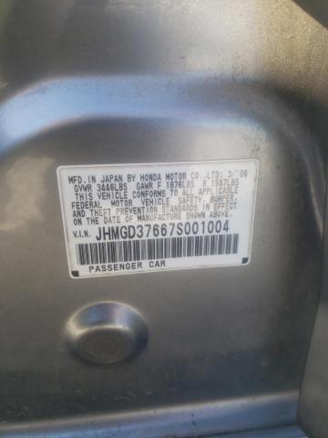 JHMGD37667S001004 - 2007 HONDA FIT S GRAY photo 10