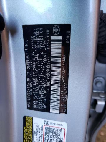 4T1BE46K07U130577 - 2007 TOYOTA CAMRY CE SILVER photo 10