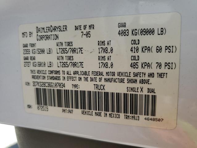 3D7KS28C36G107034 - 2006 DODGE RAM 2500 S WHITE photo 10