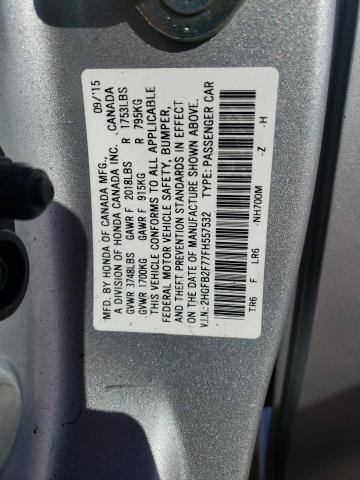 2HGFB2F77FH557532 - 2015 HONDA CIVIC SE SILVER photo 10