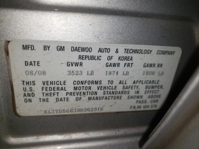 KL1TD56E39B362916 - 2009 CHEVROLET AVEO LS 银色 照片 10