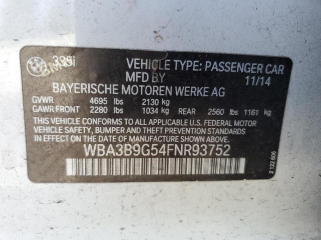 WBA3B9G54FNR93752 - 2015 BMW 335 XI WHITE photo 10