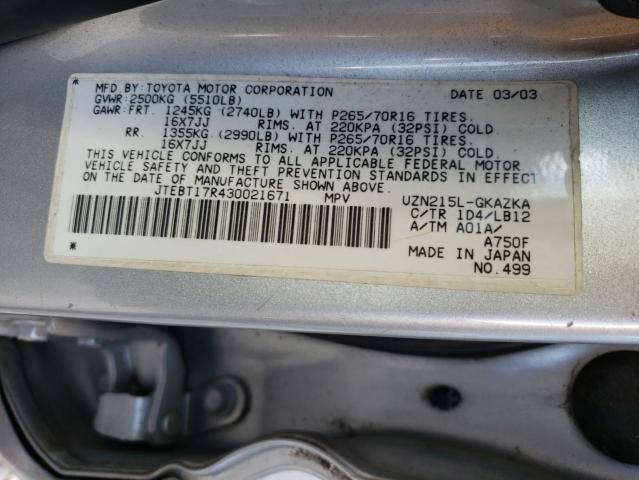 JTEBT17R430021671 - 2003 TOYOTA 4RUNNER LI SILVER photo 10