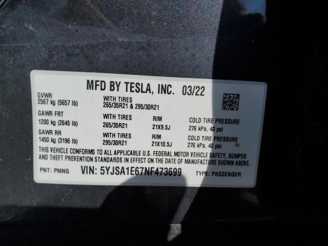 5YJSA1E67NF473699 - 2022 TESLA MODEL S Մոխրագույն լուսանկար 10