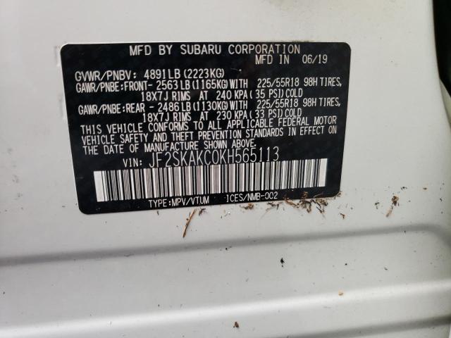 JF2SKAKC0KH565113 - 2019 SUBARU FORESTER S WHITE photo 10