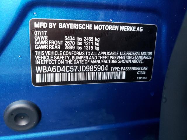 WBA6D4C57JD985904 - 2018 BMW 650 I GRAN BLUE photo 10