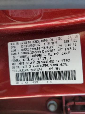 JHLRE4H77AC013591 - 2010 HONDA CR-V EXL RED photo 10