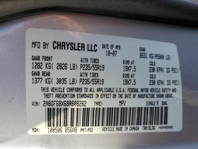 2A8GF68X68R608262 - 2008 CHRYSLER PACIFICA SILVER photo 10