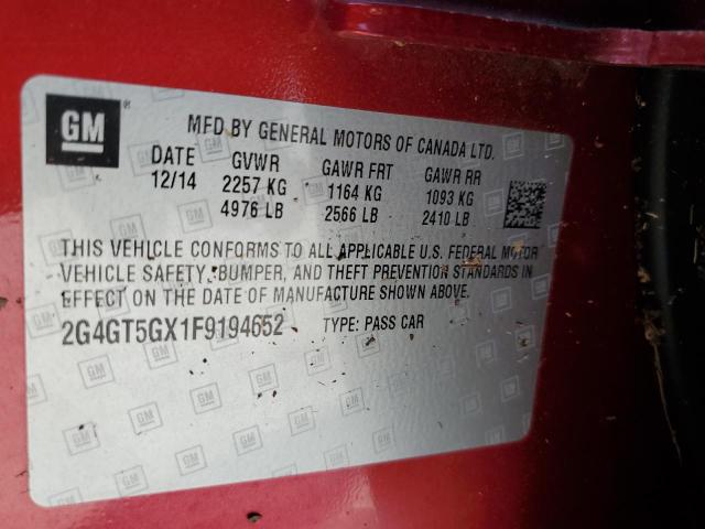 2G4GT5GX1F9194652 - 2015 BUICK REGAL GS ბურგუნდია ფოტო 10