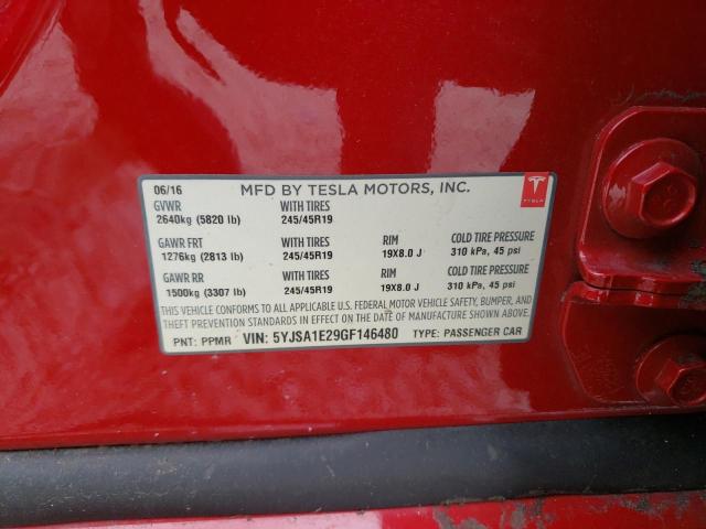 5YJSA1E29GF146480 - 2016 TESLA MODEL S Կարմիր լուսանկար 10