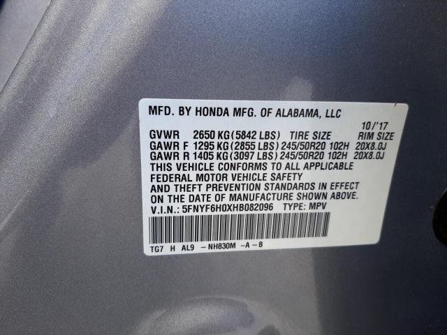 5FNYF6H0XHB082096 - 2017 HONDA PILOT ELIT SILVER photo 10