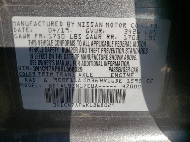 3N1CN7AP6KL868029 - 2019 NISSAN VERSA S SILVER photo 12