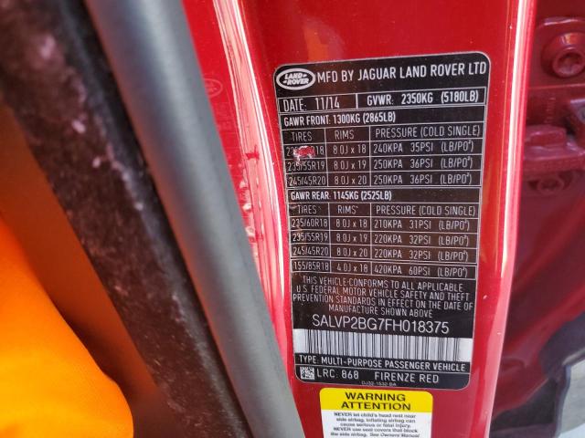 SALVP2BG7FH018375 - 2015 LAND ROVER RANGE ROVE RED photo 10