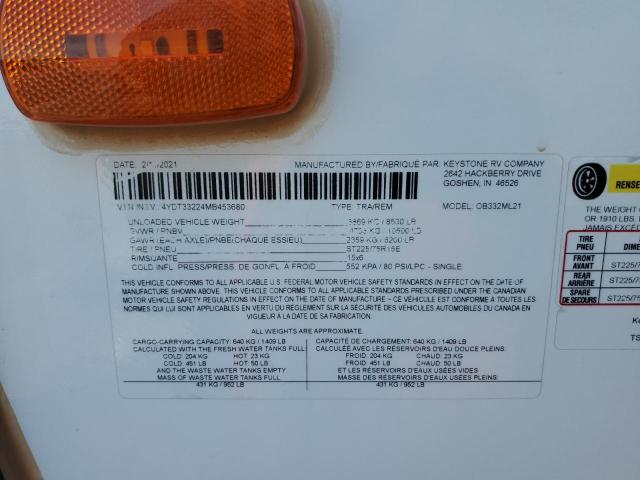 4YDT33224MB****** - 2021 KEYSTONE OUTBACK WHITE photo 10
