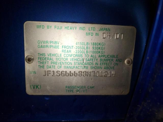 JF1SG66688H701214 - 2008 SUBARU FORESTER S Mavi foto 10