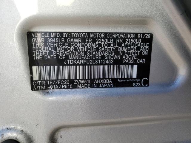 JTDKARFU2L3112452 - 2020 TOYOTA PRIUS L SILVER photo 10