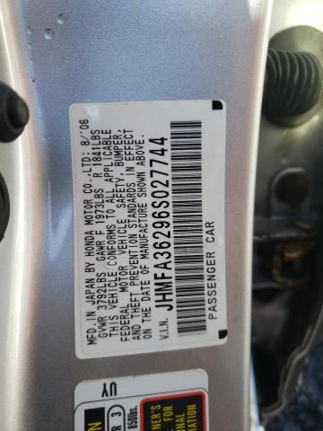 JHMFA36296S027744 - 2006 HONDA CIVIC HYBR SILVER photo 10