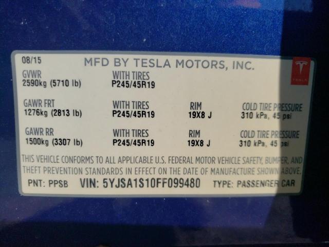 5YJSA1S10FF099480 - 2015 TESLA MODEL S 70 BLUE photo 10