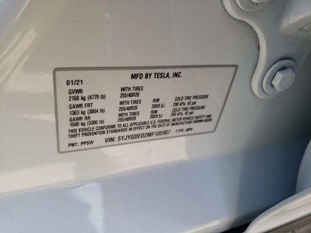 5YJYGDED2MF105907 - 2021 TESLA MODEL Y WHITE photo 10