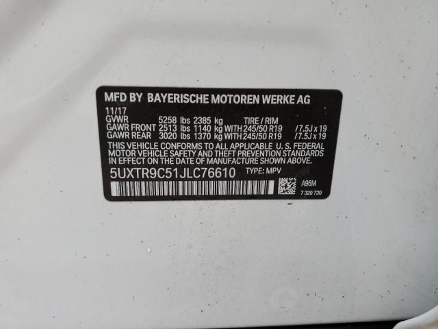 5UXTR9C51JLC76610 - 2018 BMW X3 XDRIVE3 WHITE photo 10