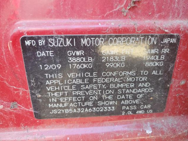 JS2YB5A32A6302333 - 2010 SUZUKI SX4 RED photo 10