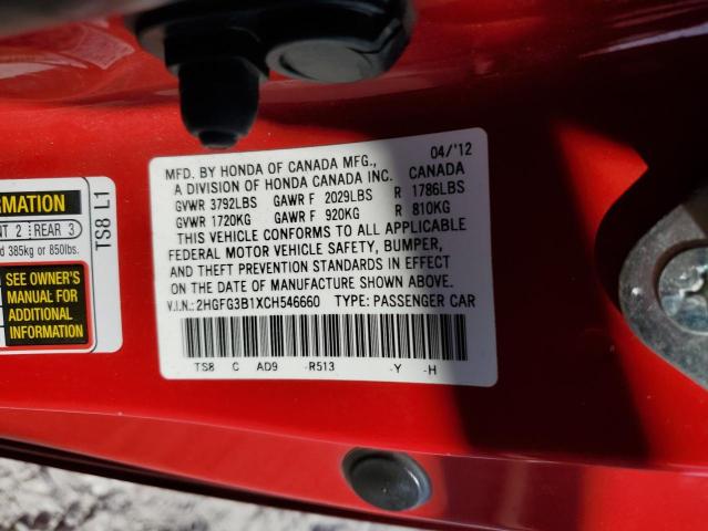 2HGFG3B1XCH546660 - 2012 HONDA CIVIC EXL Qırmızı foto 10