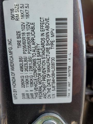 5J8TB4H38HL008730 - 2017 ACURA RDX GRAY photo 10