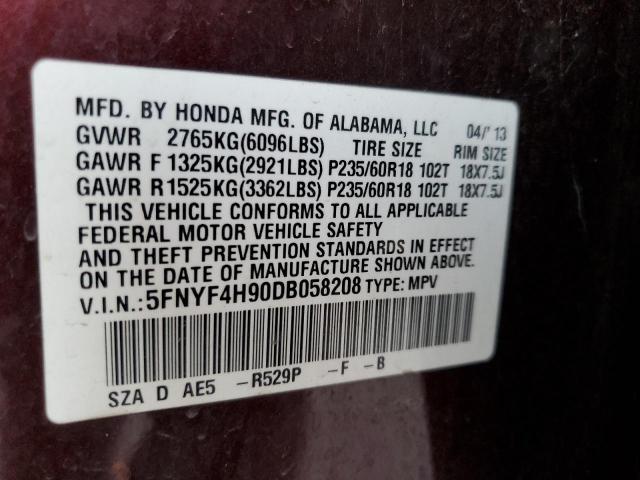 5FNYF4H90DB058208 - 2013 HONDA PILOT TOUR MAROON photo 10