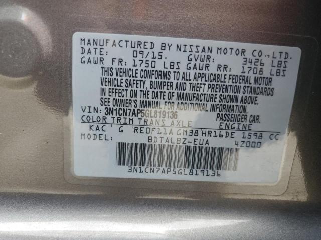 3N1CN7AP5GL819136 - 2016 NISSAN VERSA S GRAY photo 10