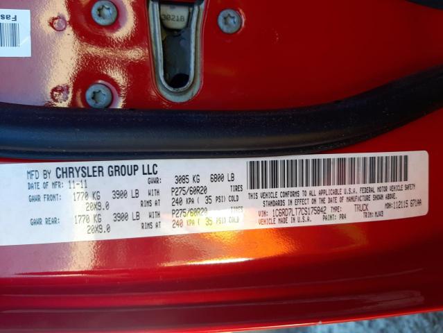 1C6RD7LT7CS175842 - 2012 DODGE RAM 1500 S RED photo 10