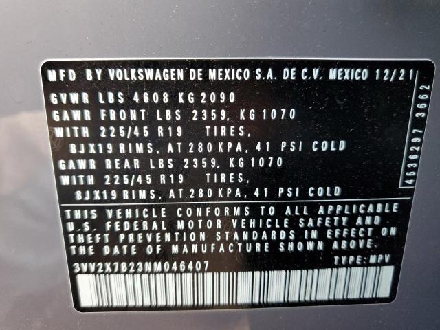 3VV2X7B23NM046407 - 2022 VOLKSWAGEN TAOS SEL GRAY photo 10